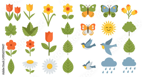 Set of 30 flat spring nature icons vector with flowers, leaves, butterflies, birds, sun, and rain clouds