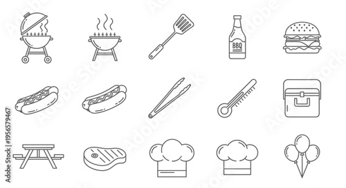 Set of 15 barbecue and picnic outline icons vector, including grill, hot dog, burger, and chef hat