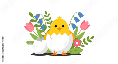 Cute yellow baby chick hatching from eggshell with spring flowers vector illustration