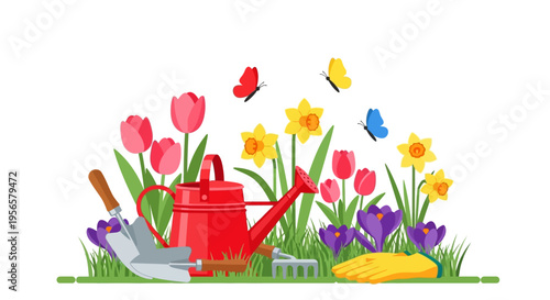 Spring garden vector illustration with red watering can, yellow gloves, gardening tools, colorful flowers, and butterflies on green grass