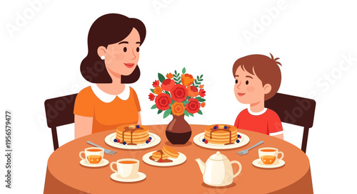 Mother and son enjoying breakfast pancakes with tea at a round table, family meal vector illustration