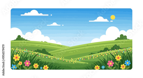 Vibrant spring landscape vector illustration with green hills, blue sky, clouds, sun, and colorful flowers