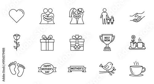 Set of 15 black line art Mother's Day and family vector icons including heart, gift, baby feet, and bird