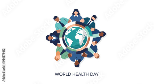 Diverse group of people united around a globe for world health