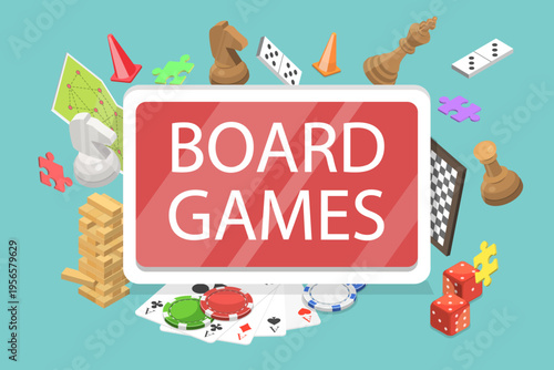 3D Isometric Flat Vector Illustration of Board Games, Featuring Classic Fun Activities as Backgammon, Chess, Mahjong