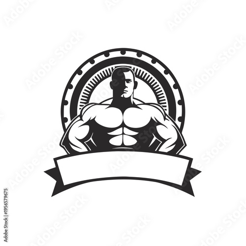 Muscular bodybuilder presents strong physique within detailed circle above an awaiting blank banner