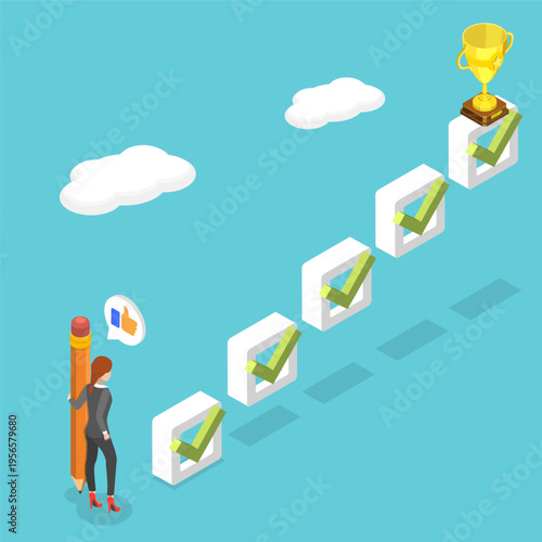 3D Isometric Flat Vector Illustration of Steady Development, Businessman Tracking Progress And Setting Goals With Checkbox Ticking