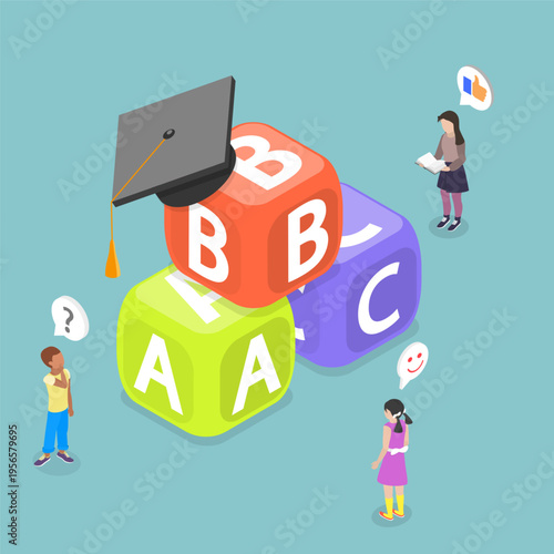 3D Isometric Flat Vector Illustration of Preschool Graduation, Alphabet Blocks with Graduation Hat on the Top