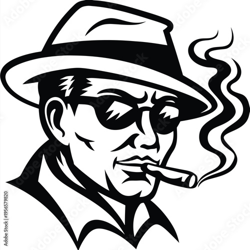 Monochrome stylish man wearing sunglasses smokes a cigar with elegant swirling smoke