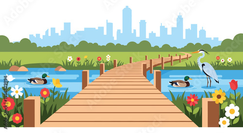 A vibrant illustration depicts a wooden boardwalk ducks a heron and a city skyline in the distance silhouette high quality professional