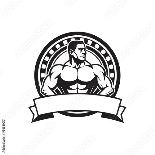 Muscular man in front of a badge looks to the left with determination and focus