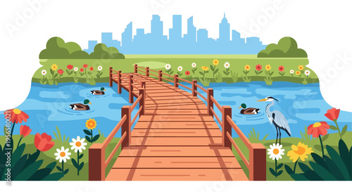 A picturesque wooden boardwalk extends into a calm lake framed by lush greenery and a distant city skyline silhouette high quality