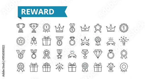 Collection of reward icons trophies crowns stars and gift boxes