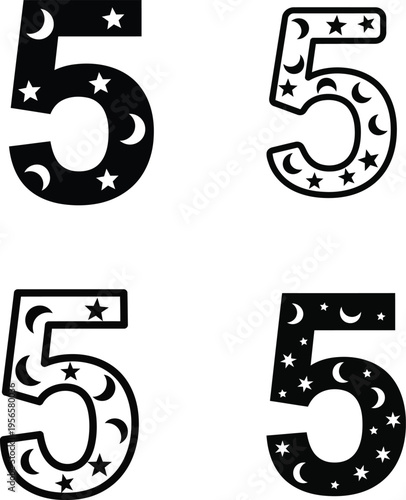 Number five with celestial patterns  stars and moons on digits