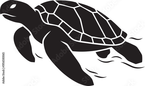 A minimalist black silhouette of a sea turtle swimming gracefully through the deep ocean waters isolated on transparent background, Vector