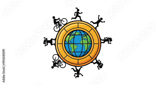 People engaging in sports and activities around a depiction of earth