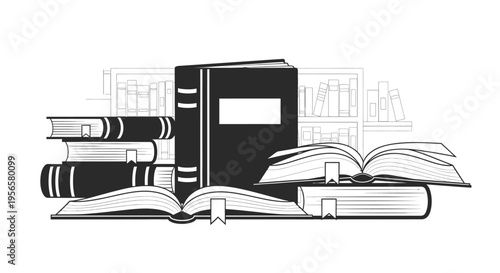 Stack of open and closed books with a library background illustration