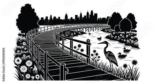 A scenic boardwalk extends toward a cityscape featuring birds and floral details in a striking silhouette high quality professional detailed modern