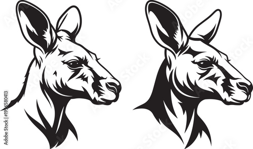 Black and White Stylized Vector Art of Two Kangaroo Heads in Profile, Australian Animal Icons, White Background