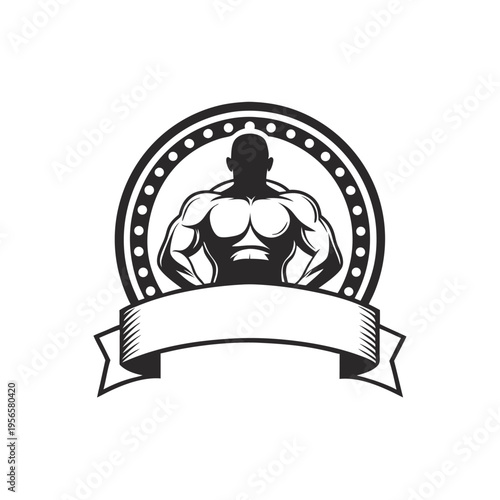 Muscular silhouette figure within dotted circle with ribbon banner creates striking monochrome design