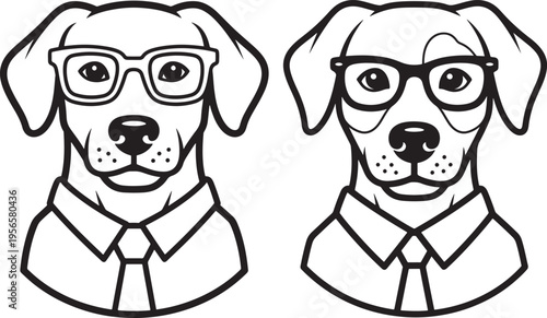 Black and White Cartoon Dog Heads Wearing Glasses and Ties, Intelligent or Professional Concept, Line Drawing
