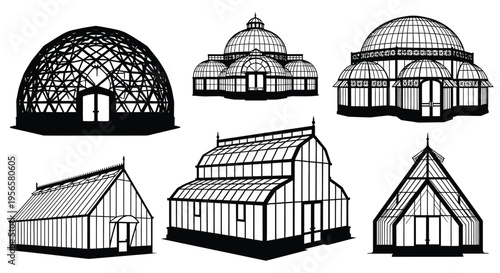 A collection of ornate victorian greenhouses and glass structures depicted in a striking black silhouette high quality professional detailed modern elegant