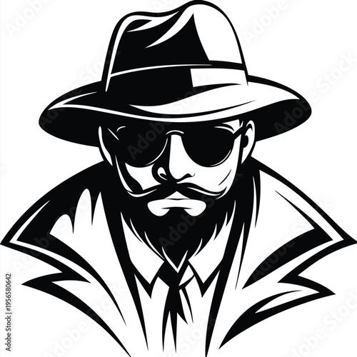 Mysterious bearded man wearing sunglasses and hat, depicted in black and white icon style