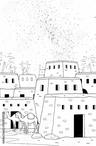  Passover story night in Egypt coloring page, houses with marked doorposts, angel passing over, cartoon style, black-and-white line art, A4 portrait