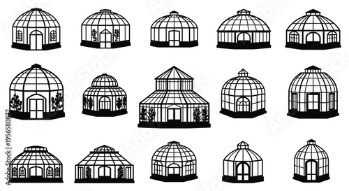 A collection of various greenhouse designs displayed in black offering a stark visual contrast silhouette high quality professional detailed modern