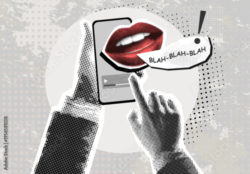 Trendy Halftone Collage Hand holding Phone with speaking Mouth. Social media promotion and communication. Online project and creative ideas. Conceptual surreal illustration. Contemporary art