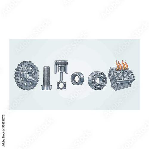 Detailed Automotive Engine Parts Illustration - Gear, Piston, Bolt