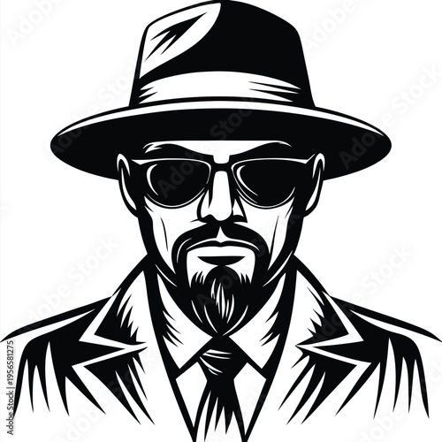 Mysterious man wearing a fedora and sunglasses in black and white art exudes confidence