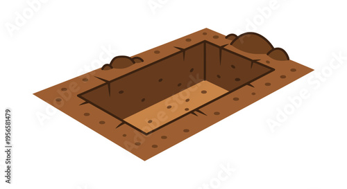 An isometric illustration depicts an open grave with surrounding earth presented in a striking silhouette high quality professional detailed modern elegant