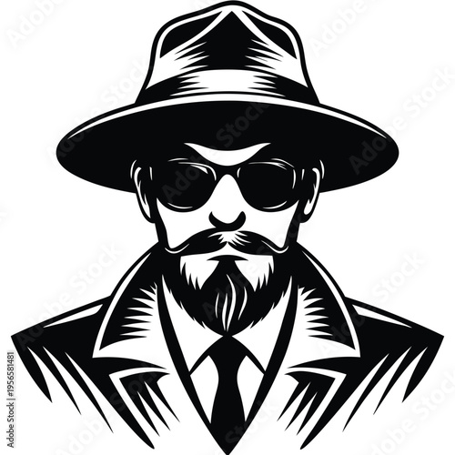 Mysterious man wearing sunglasses, a hat, and a coat looks serious in black and white