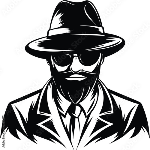 Mysterious man with beard in fedora and sunglasses exudes cool confidence in black and white
