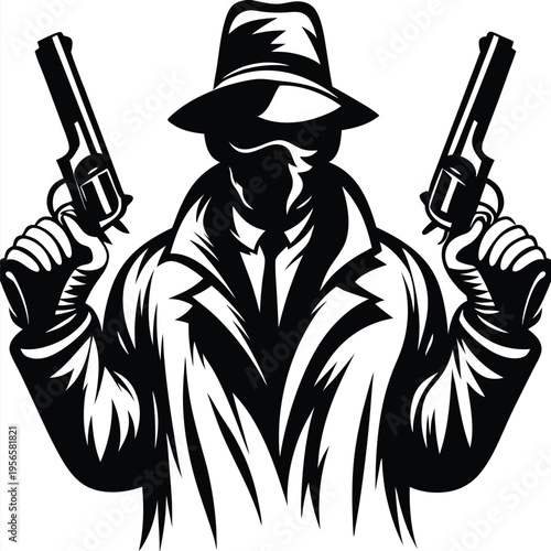 Mysterious silhouette of an armed man with fedora and coat menacingly brandishes two guns