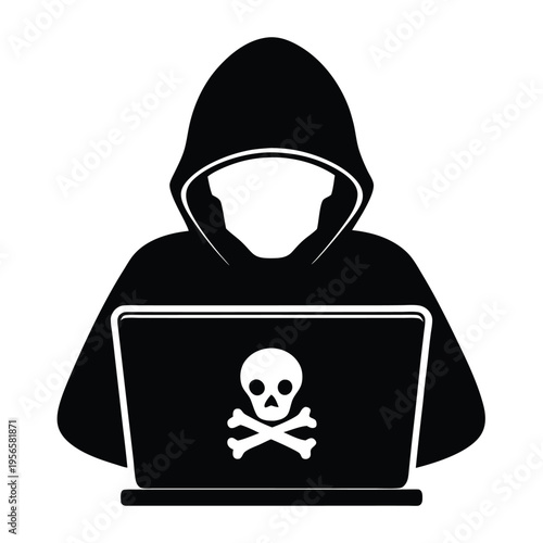 Mysterious person wearing hoodie displays skull symbol on a laptop screen in monochrome