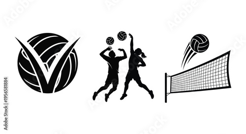 Dynamic volleyball scene with players balls and a net illustrated in a striking black silhouette high quality professional detailed modern elegant