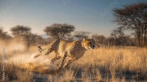 Fast cheetah running through golden grasslands in southern Africa