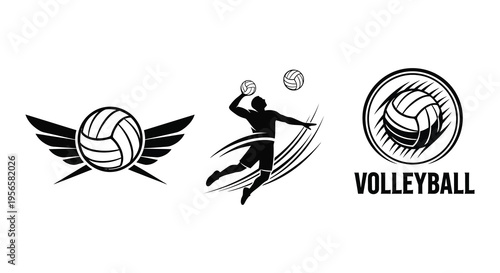 Dynamic volleyball graphic featuring a jumping player balls with wings and circular designs all in a strong silhouette high quality professional