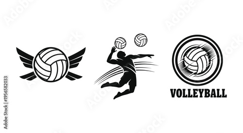 A dynamic volleyball graphic showcases a jumping player balls with wings and a circular emblem a striking silhouette high quality