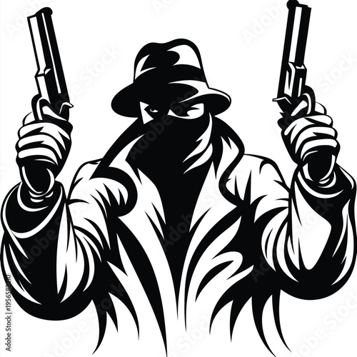 Outlaw figure with hat and coat points dual guns directly forward in monochromatic style