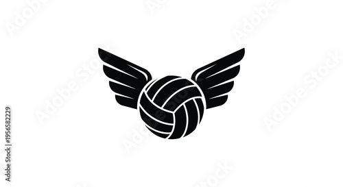 A striking black silhouette displays a volleyball adorned with wings evoking themes of speed and athletic prowess silhouette high quality professional