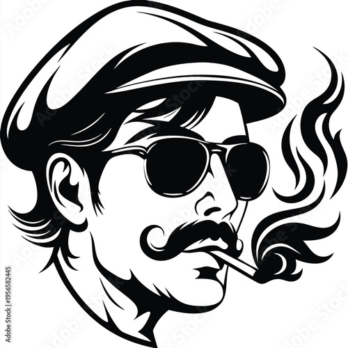 Portrait of cool man smoking with sunglasses and hat in is very stylish