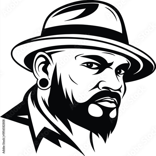 Serious bearded man looks out wearing a stylish hat in a black and white line drawing