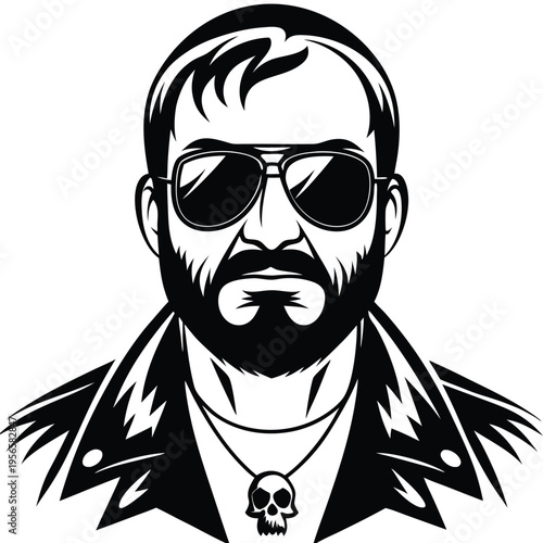 Serious bearded man wearing sunglasses and biker jacket shows off his skull pendant