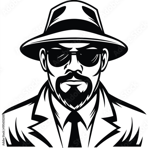 Serious bearded man with fedora and suit gazes intensely with stylish sunglasses