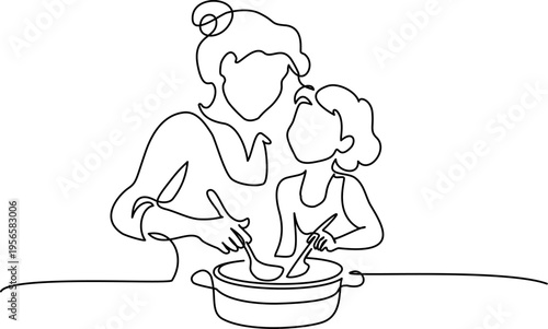 Continuous one line drawing of mothers day concept. Mother and daughter cooking together