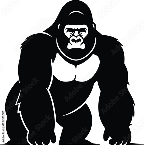 Vector silhouette of a strong silverback gorilla in front view design
