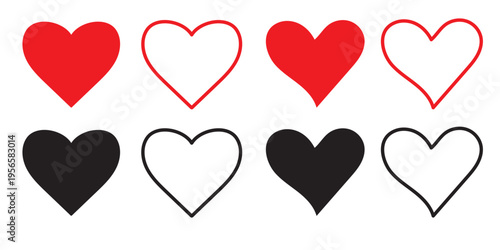 Set of hearts in black and red color, Red heart icons set vector,  hearts of different shapes for web. Heart collection.with white background eps10